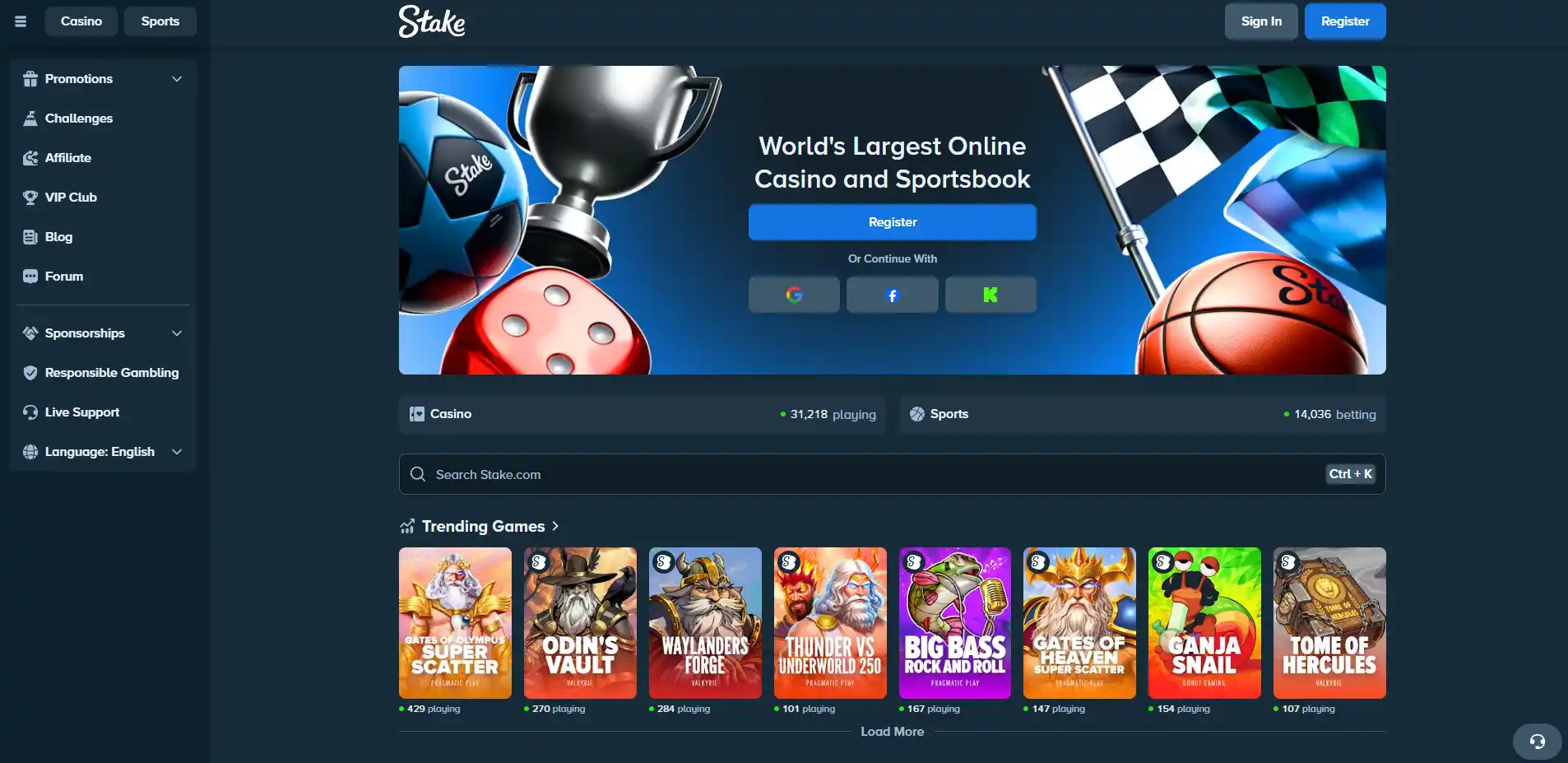 Stake homepage with casino navigation and public game browsing area